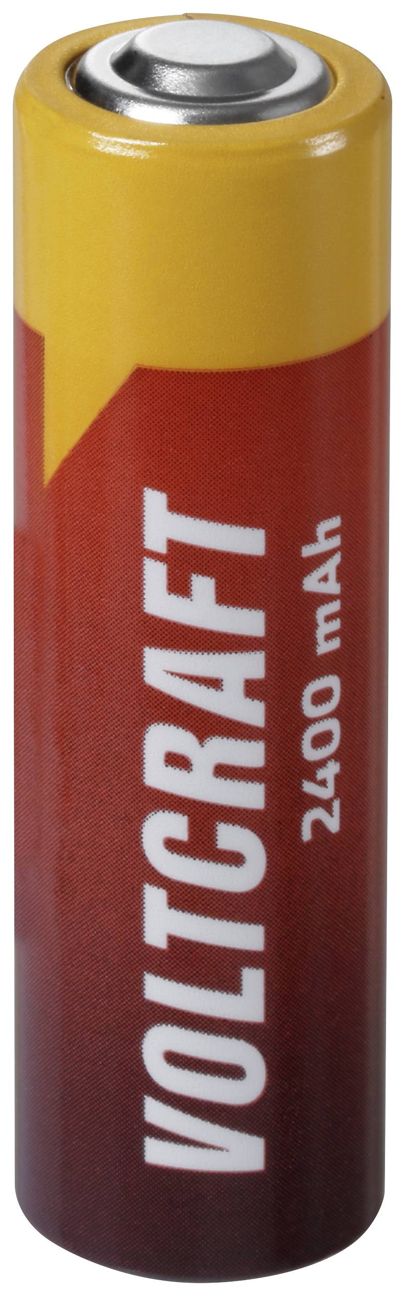 Voltcraft branded battery with a capacity of 2400 mAh. It is coloured red and yellow.