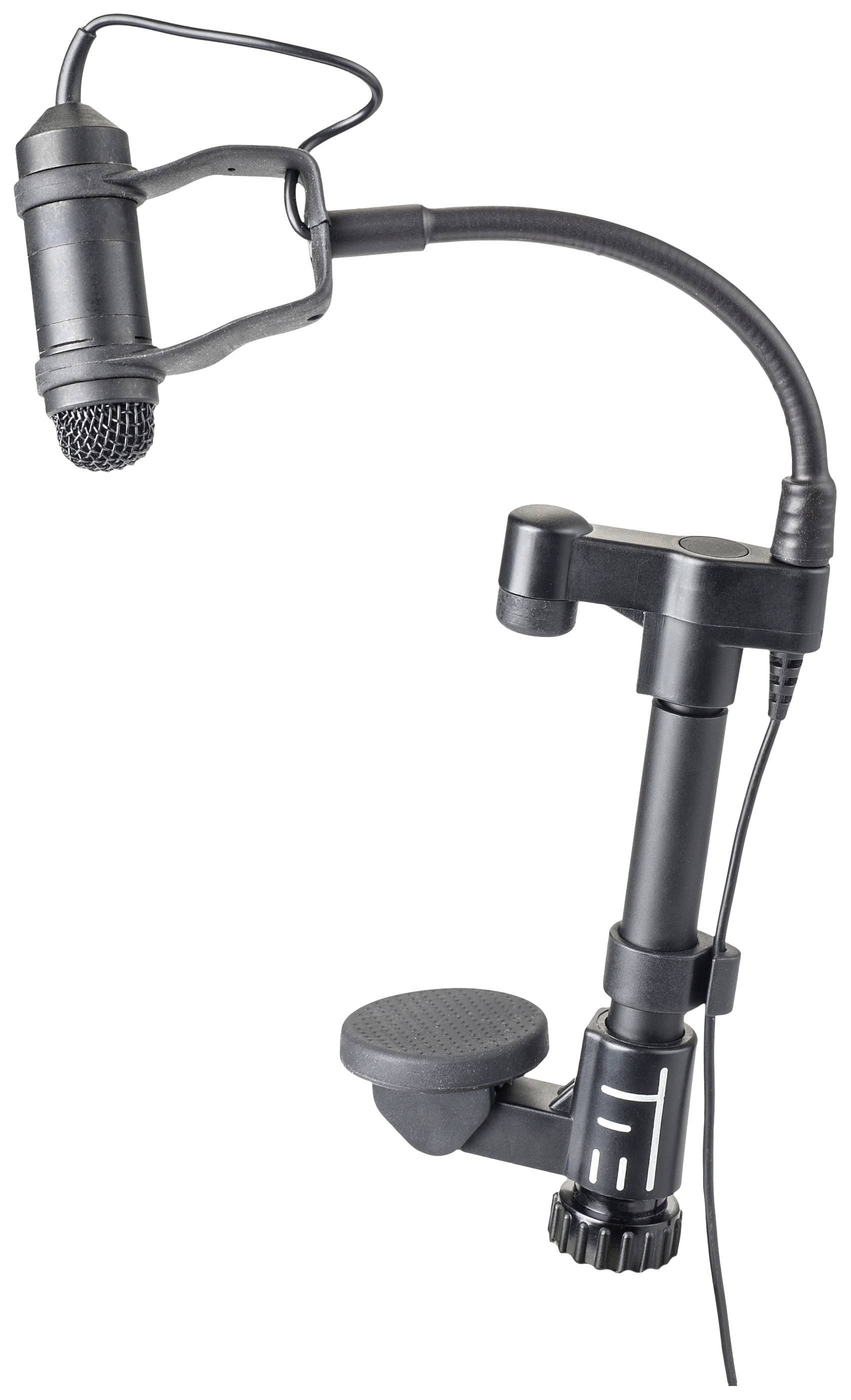 Black microphone with flexible gooseneck and desk clamp. Suitable for hands-free voice recording during presentations or podcasts.