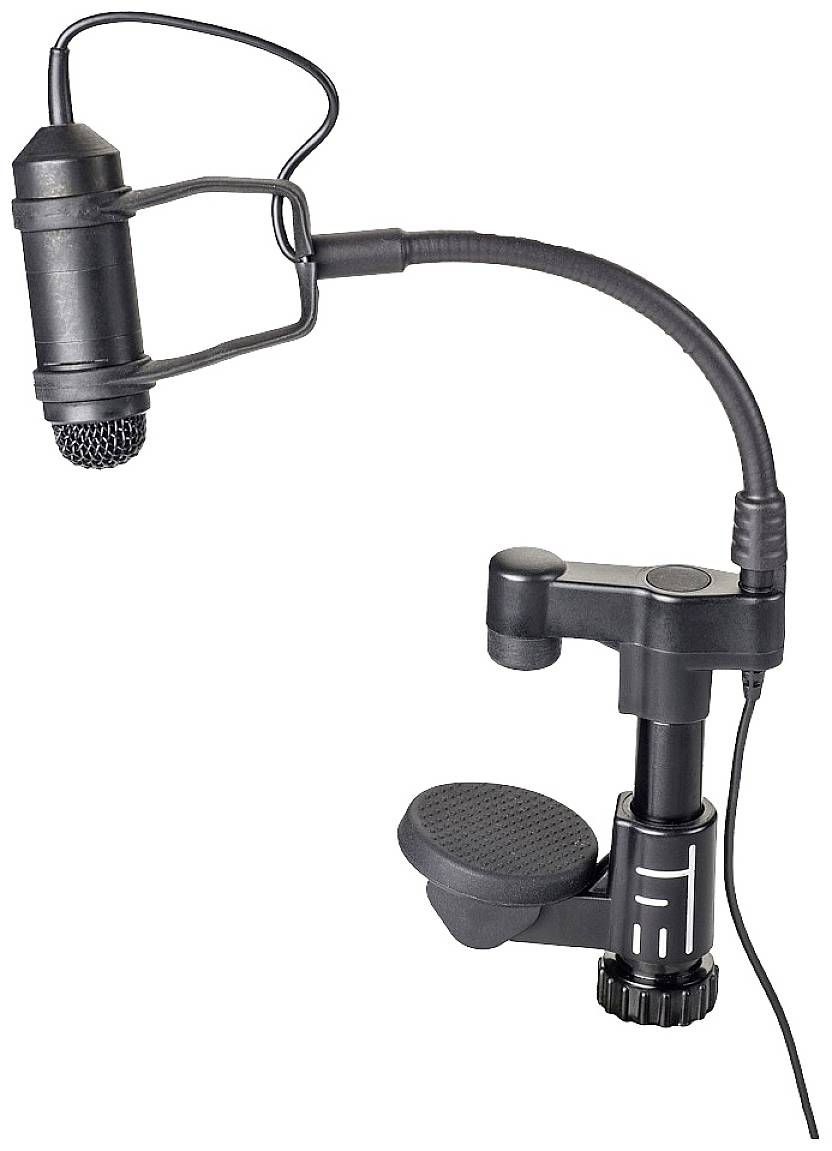 A black microphone with a mount and flexible arm, suitable for attachment to a wind instrument, against a neutral background.
