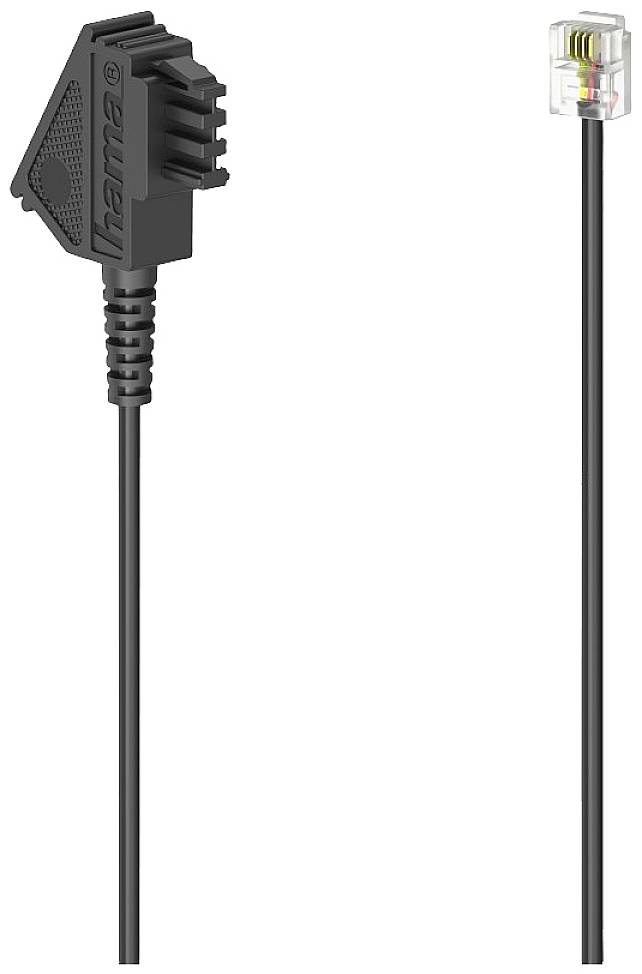 Black telephone cable with TAE-F plug on the left and transparent RJ11 plug on the right, for connecting telephone and socket.