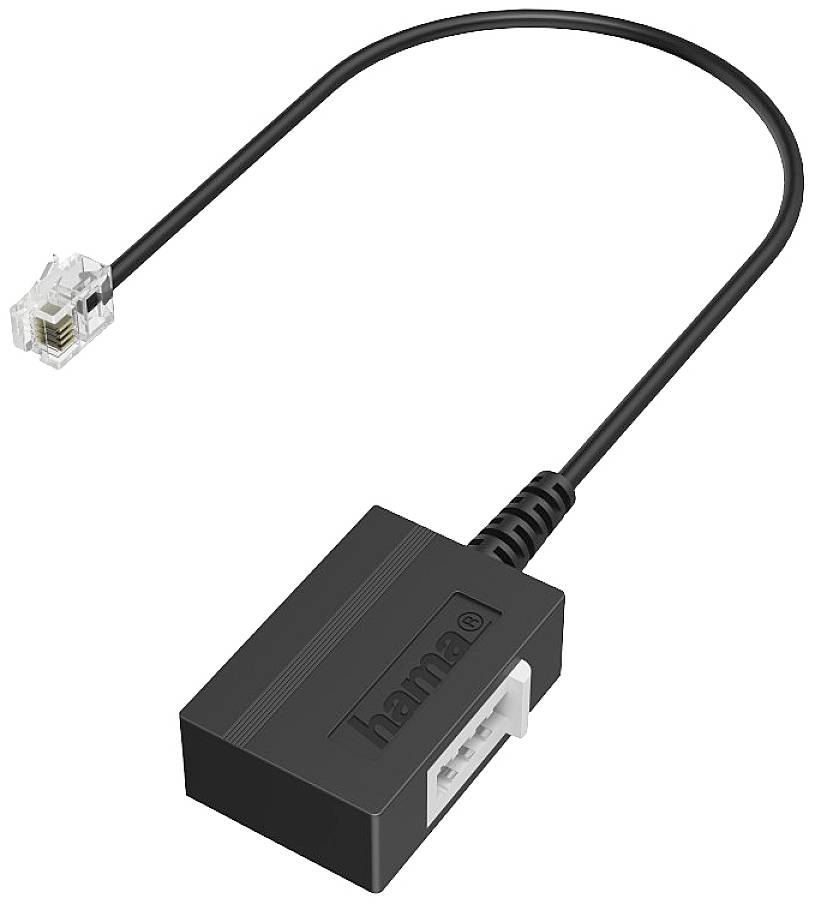 A black adapter with an Ethernet plug on one end and a white socket on the other end.