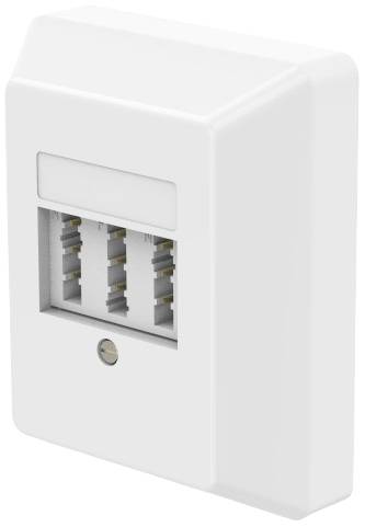 White telephone socket with three outlets, wall-mountable.