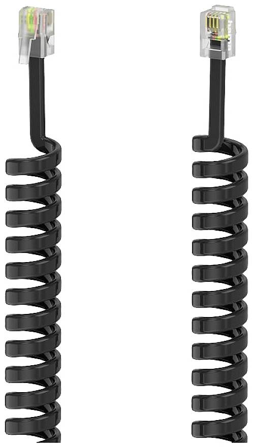 Black, spiral telephone cord with transparent plugs at both ends, suitable for connecting telephone handsets.