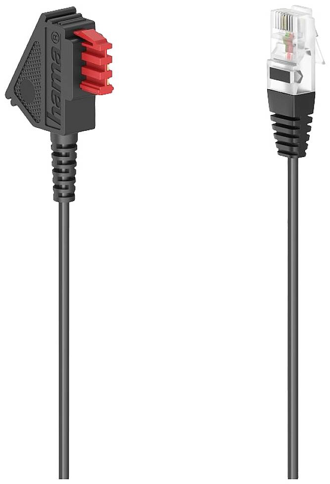 Telephone cable with TAE-F and RJ11 plugs. Black, 6-pole. Used for telephone connections, regulates signal transmission.