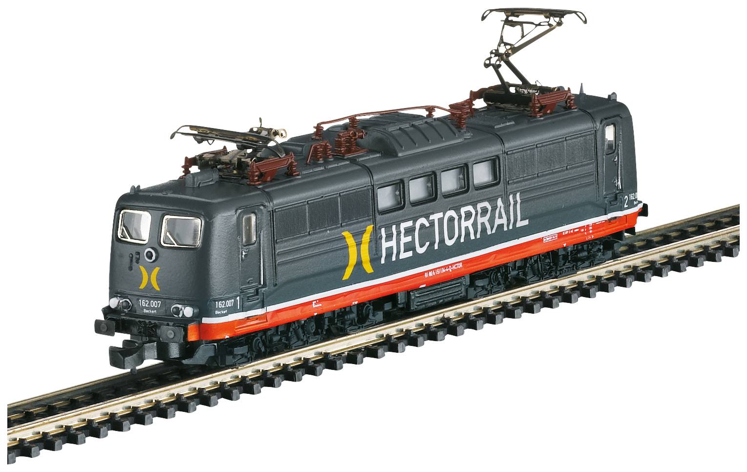 A model locomotive by HECTORRAIL on a track, dark grey with orange accents, displays a strong and functional look.