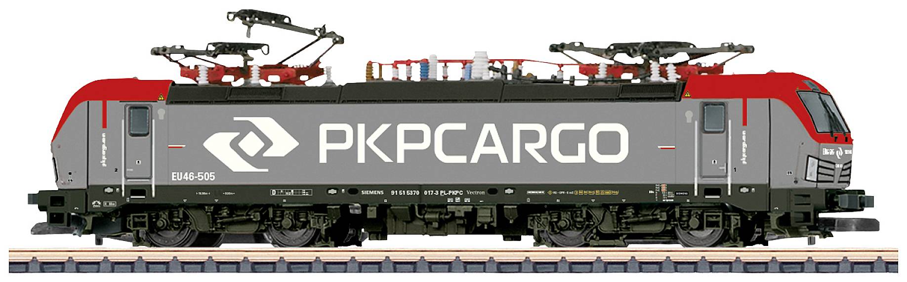 A freight train locomotive from PKP Cargo on railway tracks, with a red and grey design, featuring the logo and predominantly visible pantograph.