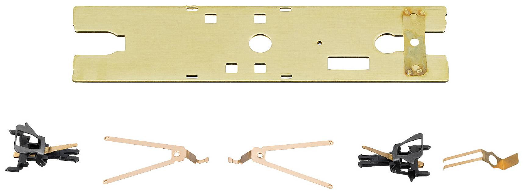 Metal plate and four small metal and plastic components underneath. Used in electrical installations or circuits.