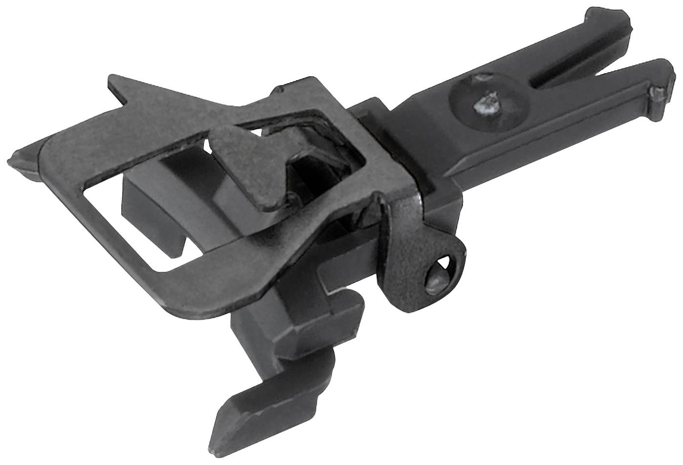 A black, folding rifle sight made of metal, shown in side view, suitable as an aiming aid for target practice.