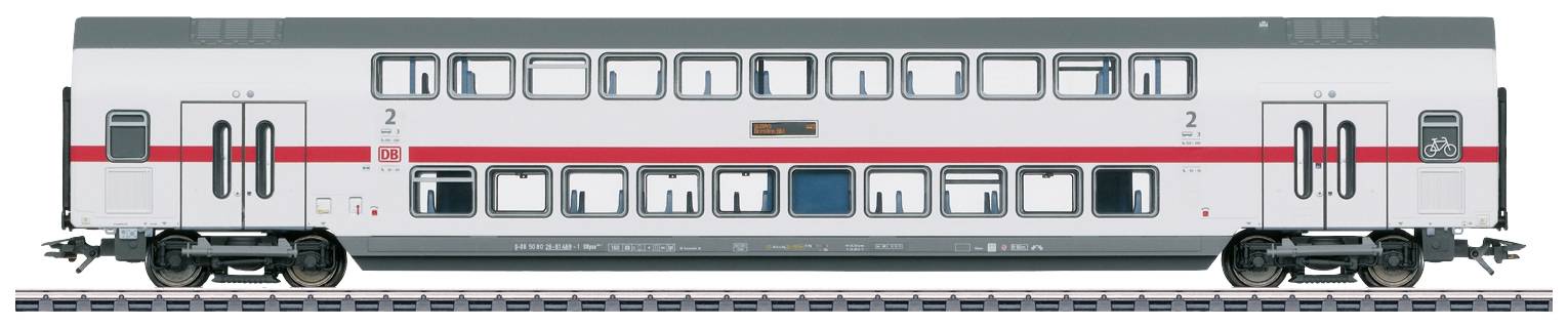 Double-decker passenger carriage of Deutsche Bahn in white with red stripes, standing on railway track, side view.