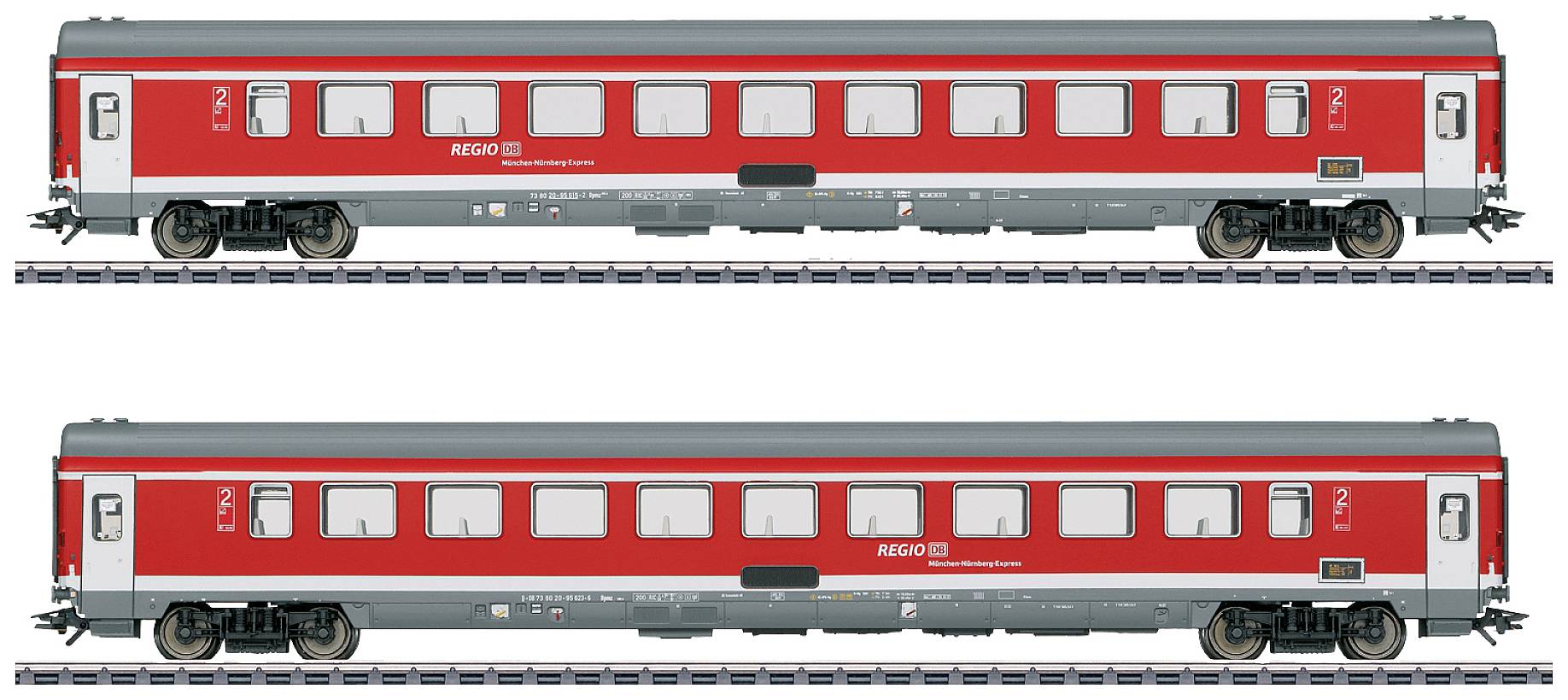 Two red regional trains on the track; both with grey roofs, black running gear, and white 'REGO DB' logo. Windows along the sides.