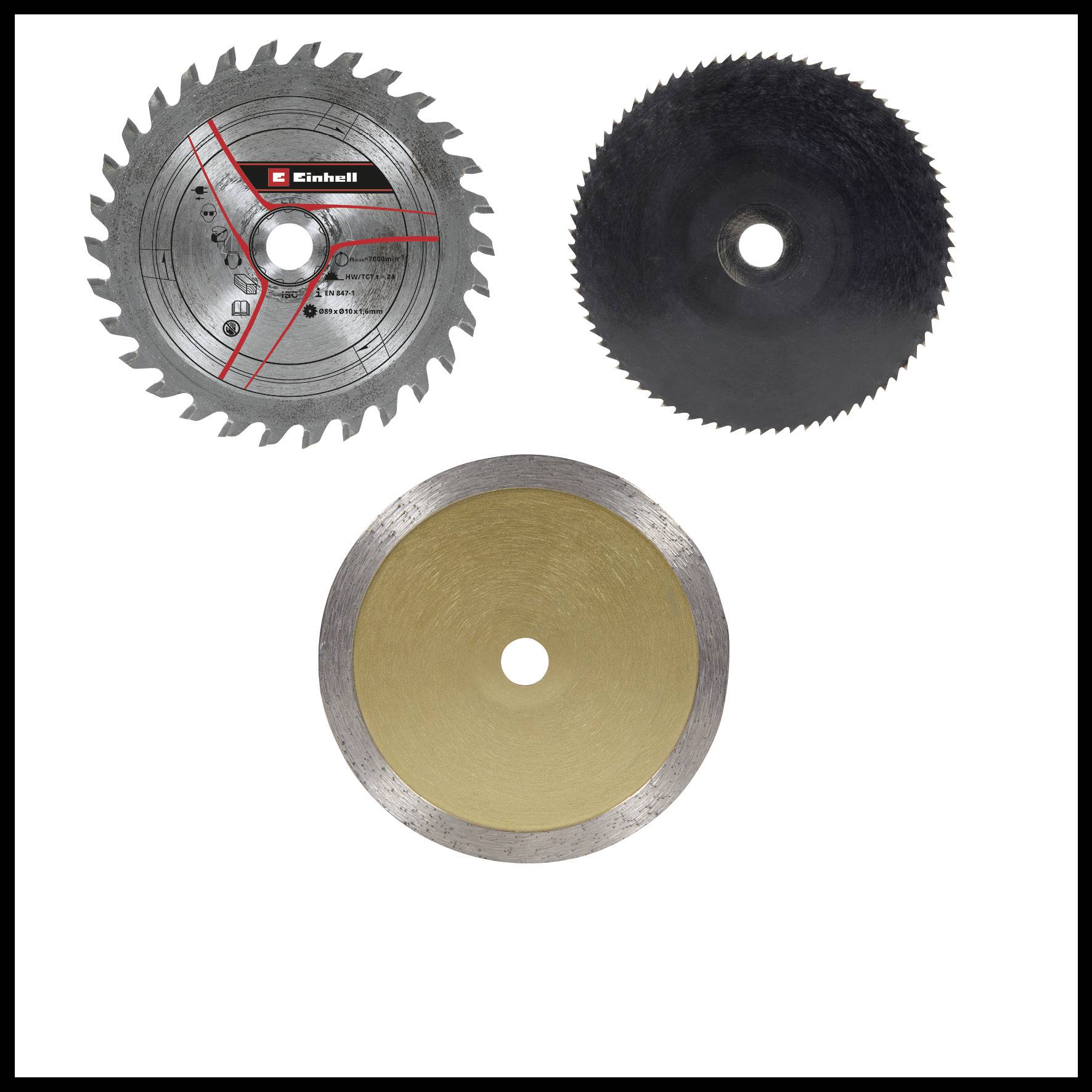 Three saw blades: top left a serrated blade, top right a smooth blade, and bottom a golden grinding attachment with a smooth edge.