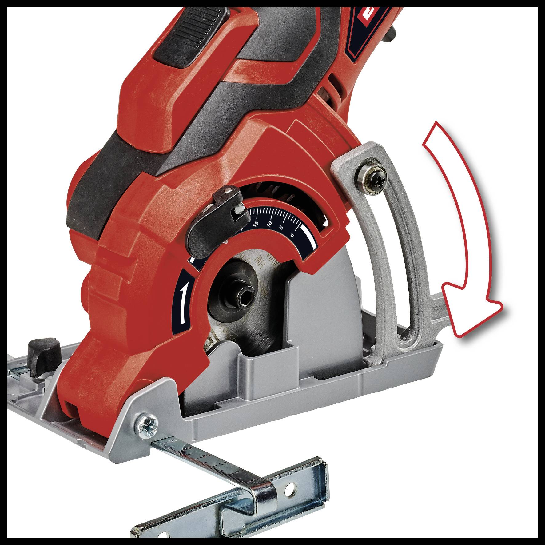A red circular saw with an adjustable cutting angle, highlighted by a rotation arrow, mounted on a metal guide.