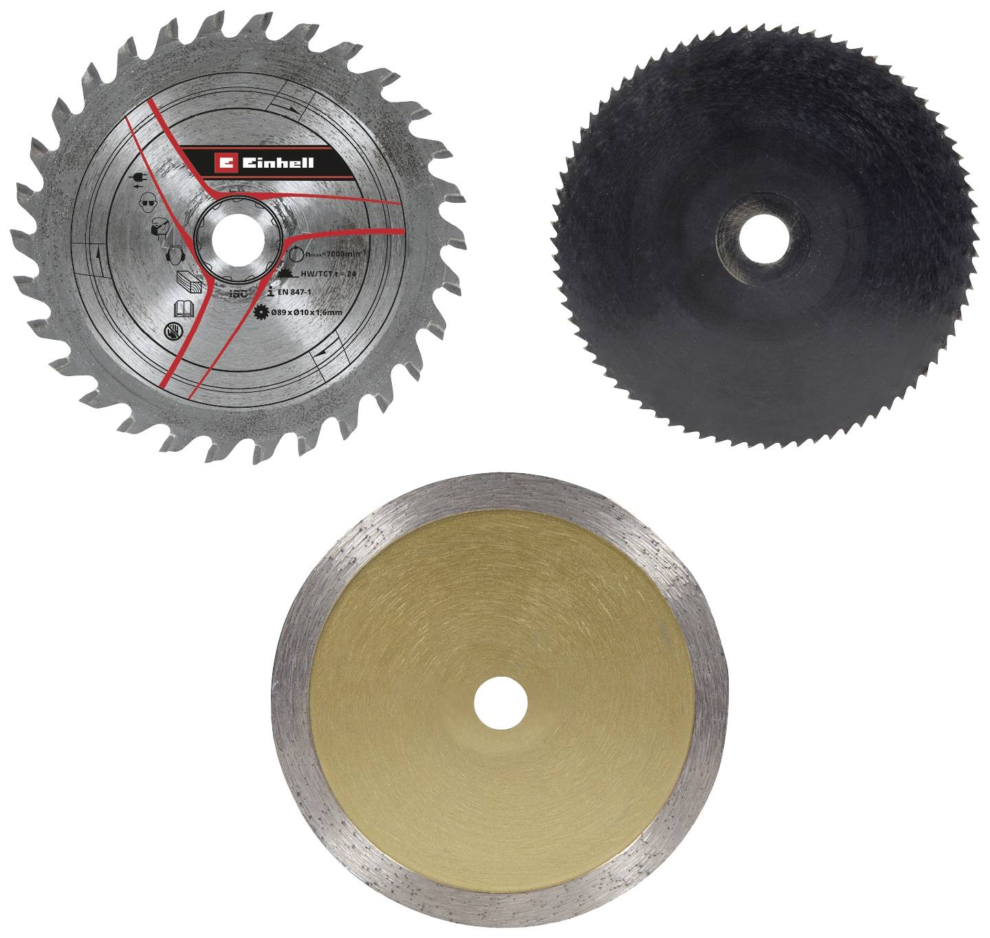 Three different circular saw blades: one with red markings, a black smooth blade, and a gold blade with a metal edge.