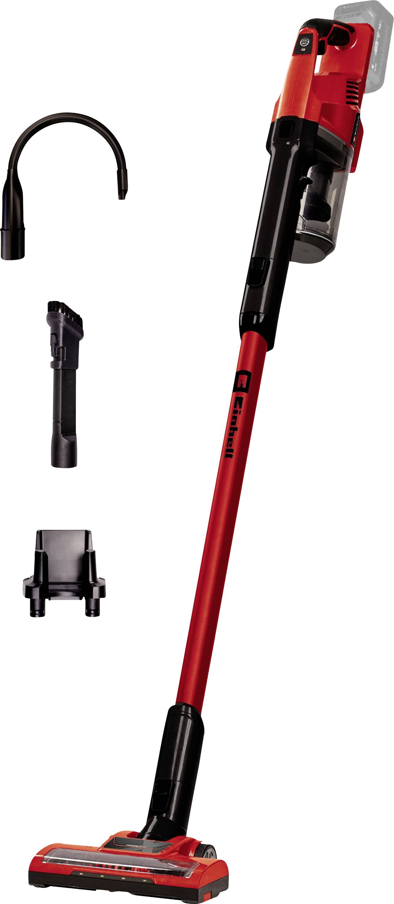 Red cordless stick vacuum cleaner shown disassembled into three parts, with brush head, detachable handle, and curved nozzle/attachment on a white background.