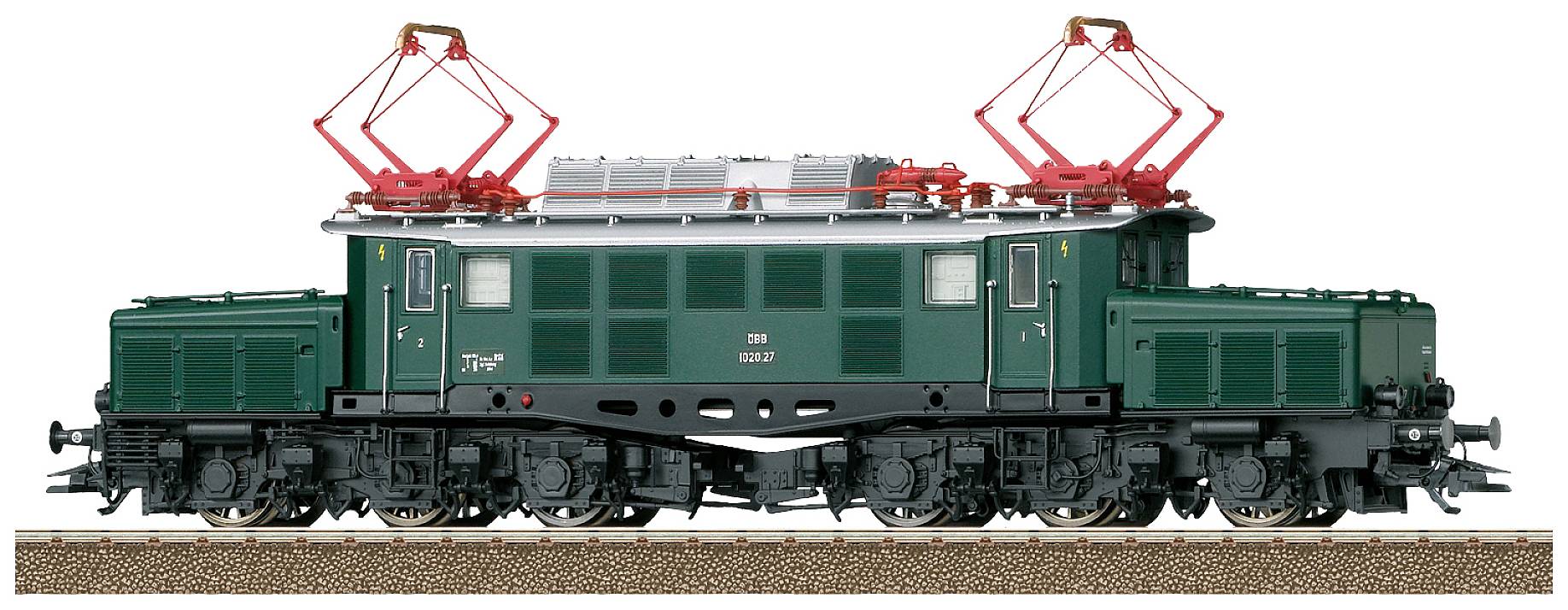 A model of a historic green electric locomotive with red roof equipment, standing on a railway section.