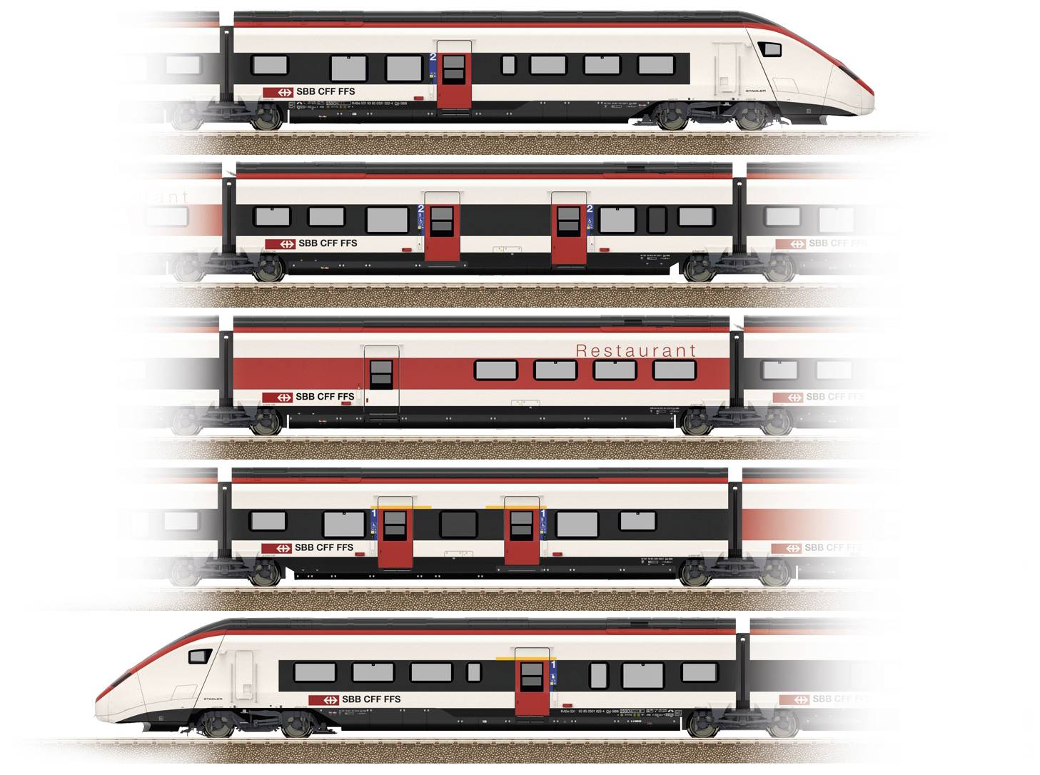 A modern train with multiple carriages, including two passenger carriages, a dining car with a 'Restaurant' sign, and another carriage.