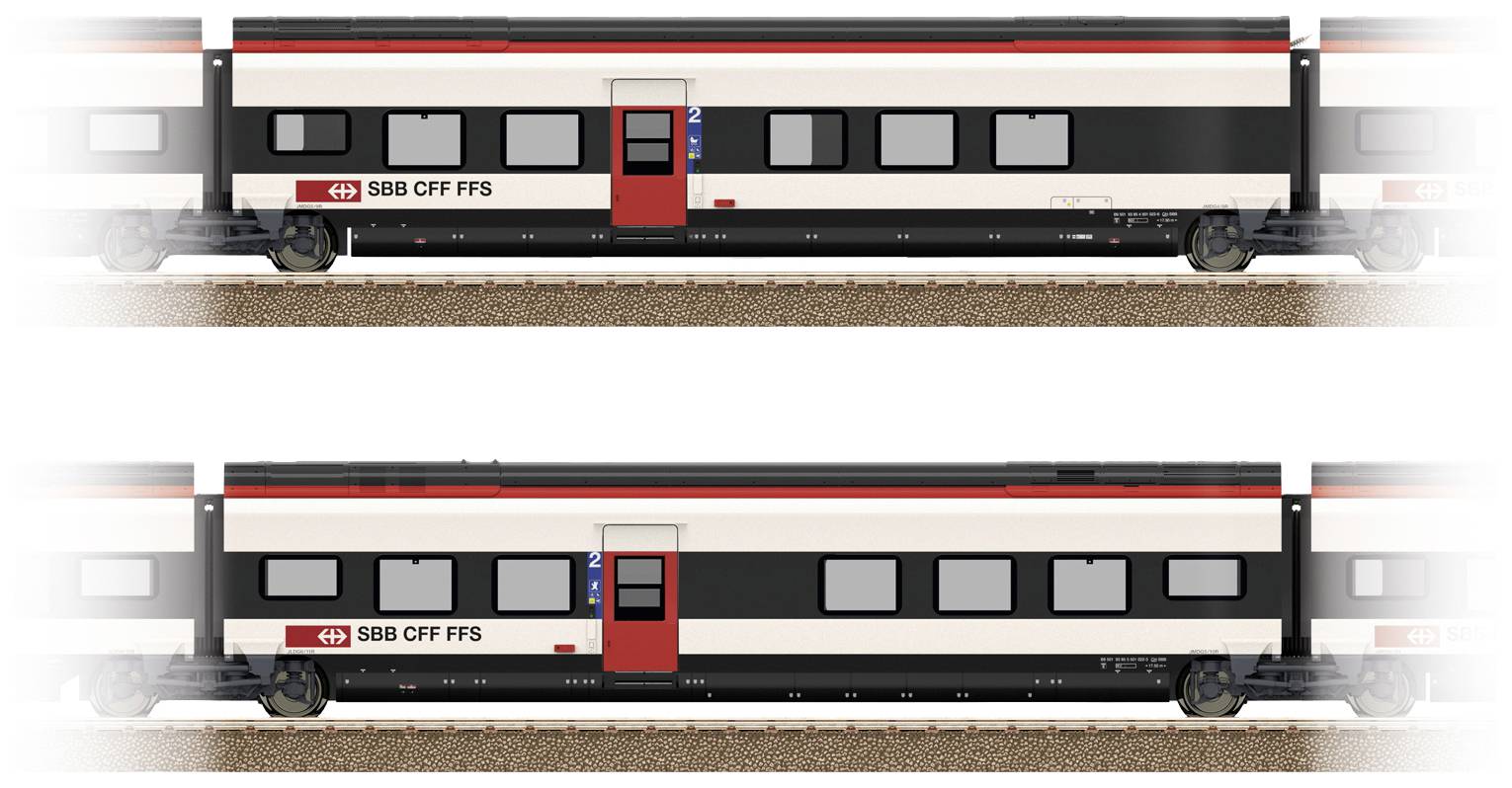 Two model railway carriages of SBB CFF FFS with red doors and black roofs are standing on a track.