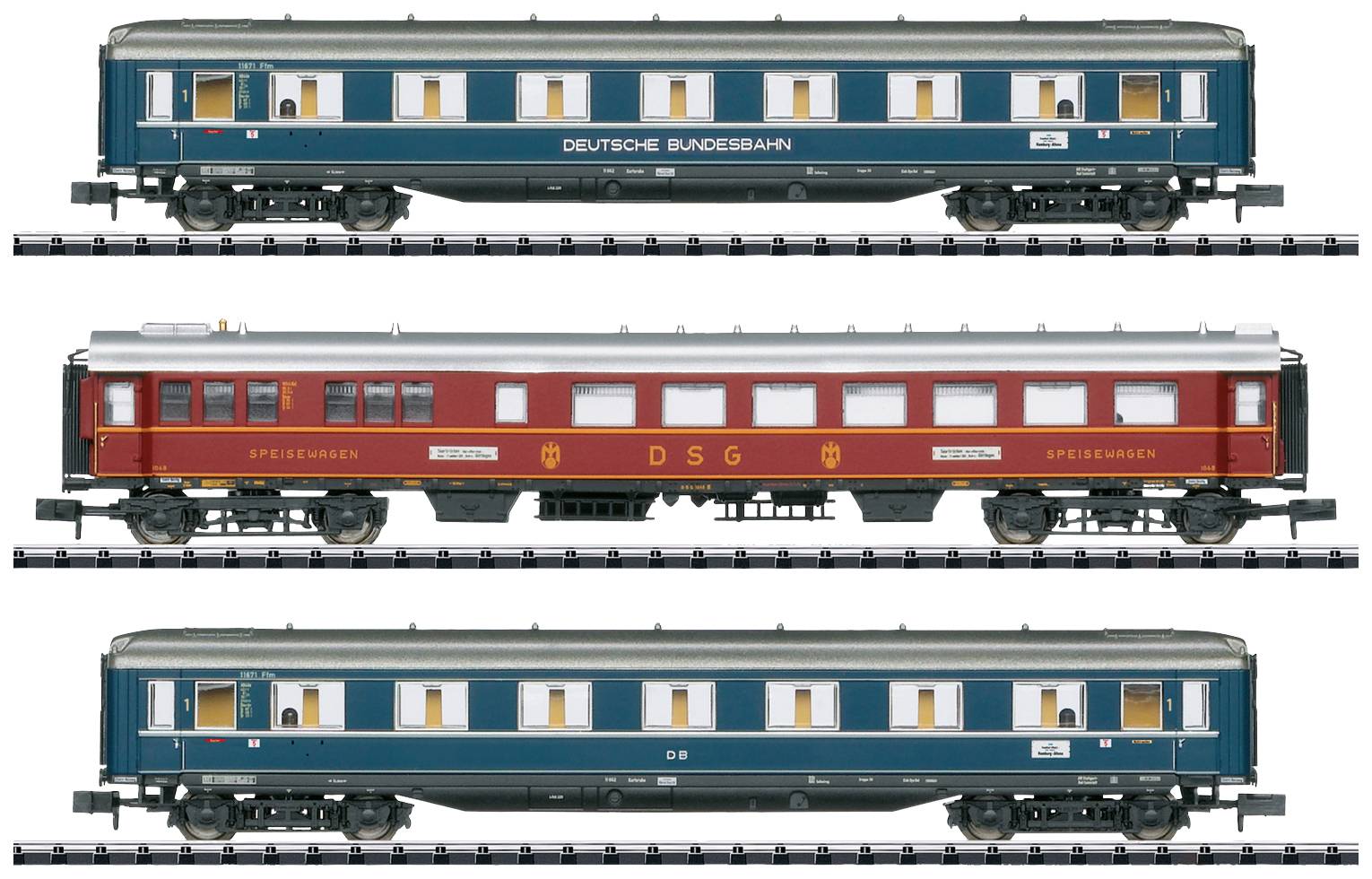 Three historical railway passenger carriages: top Deutsche Bundesbahn blue carriage, middle red DSG dining car, bottom DB blue carriage.