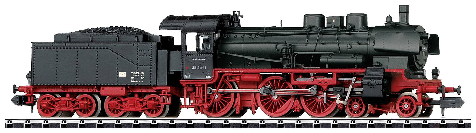 A black and red steam locomotive stands on a track. It has details such as a chimney, wheels, and coal wagon, typical of old trains.