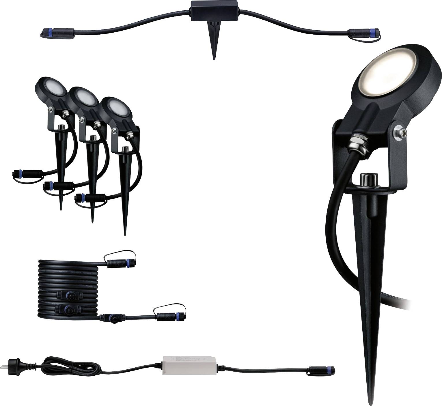 A set of four black garden LED lights with ground stakes, cables, and a transformer, suitable for outdoor lighting.