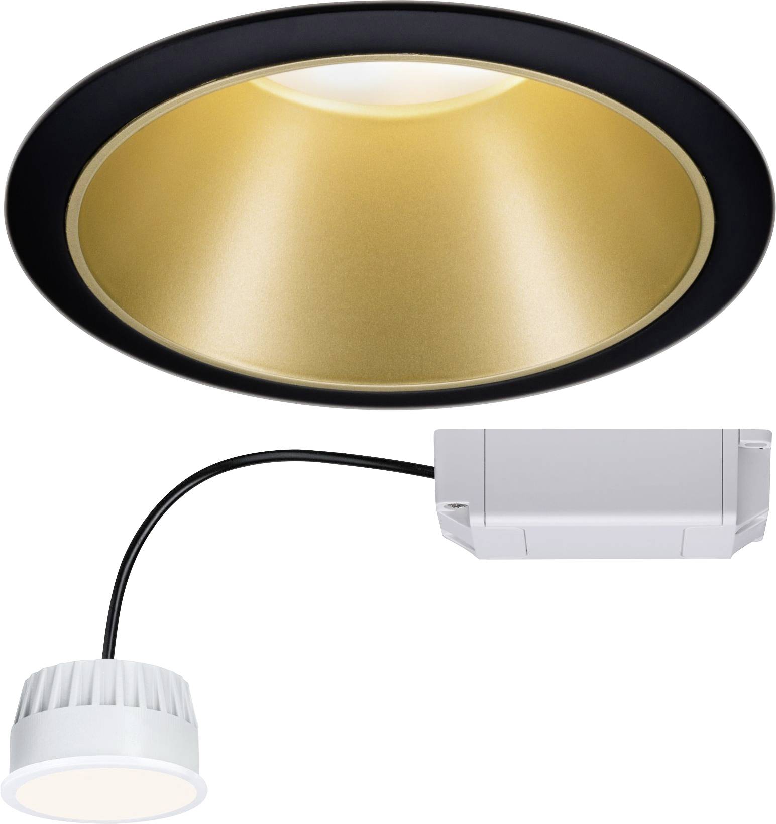 Black and gold ceiling recessed light set with LED and external driver, suitable for modern interior lighting.