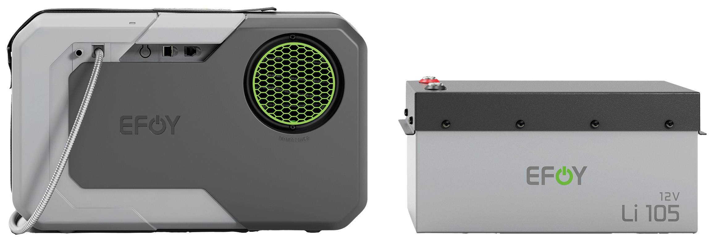 Two EFOY devices: on the left a fuel cell device with ventilation grille, on the right a 12V Li 105 battery.
