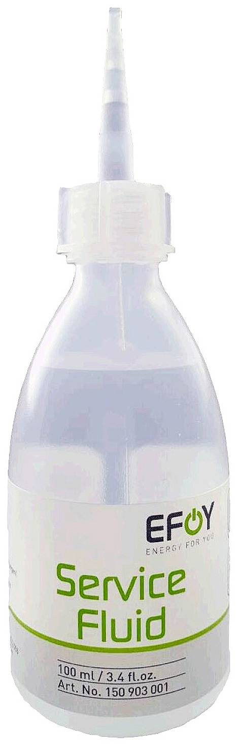 Plastic bottle with a pointed cap, labelled 'EFOY Service Fluid'. Contains 100 ml.