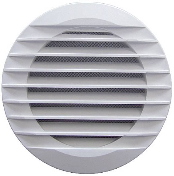 Round, white ventilation grille with horizontal louvres, used for ventilation and air circulation, against a grey background.