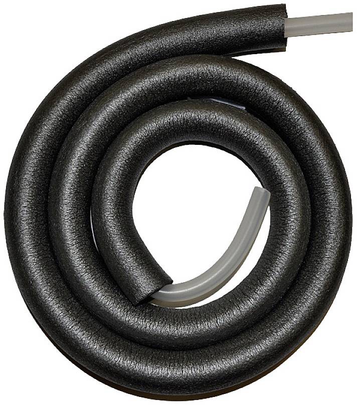 Black, spiral-coiled insulating sleeve with protruding grey tube, on a white background.