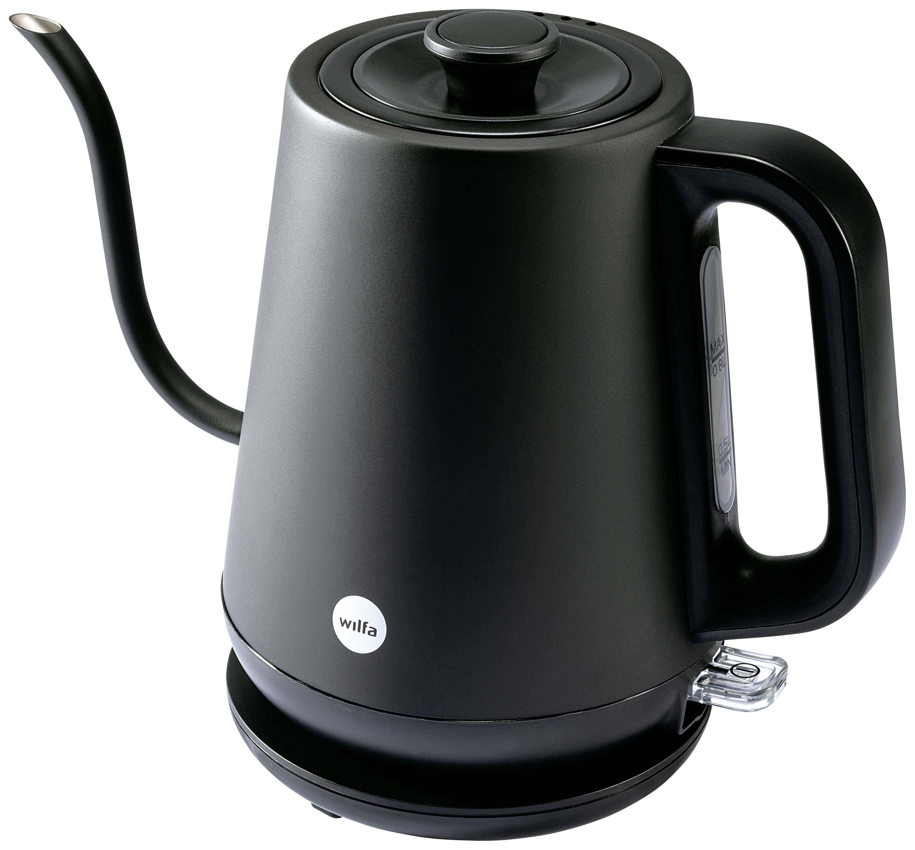 Black electric kettle with curved spout and rounded handle, sits on a circular base with small logo.