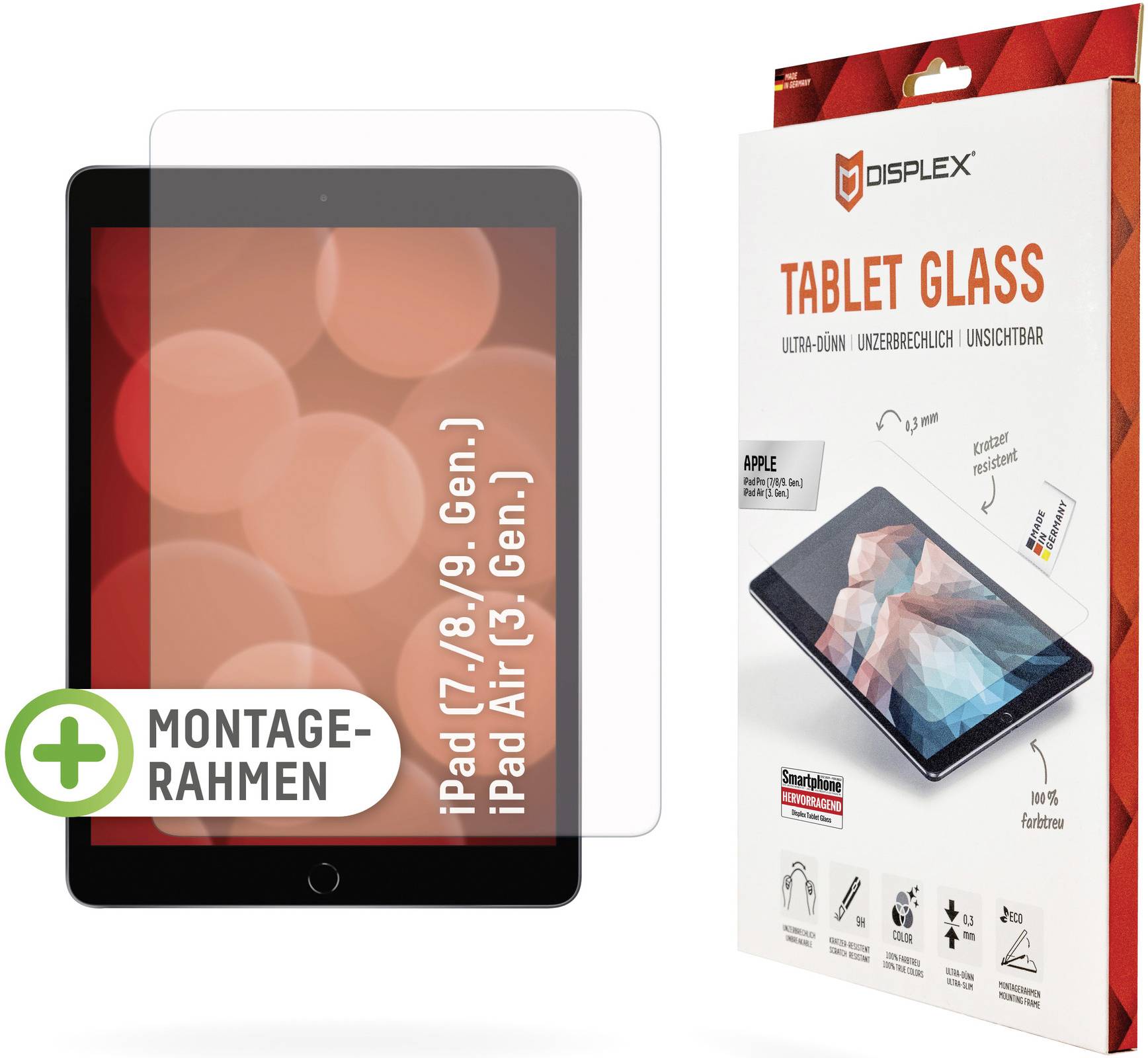 Screen protector glass for 'iPad (7th/8th/9th Gen.) iPad Air (3rd Gen.)' with mounting frame by Displex.
