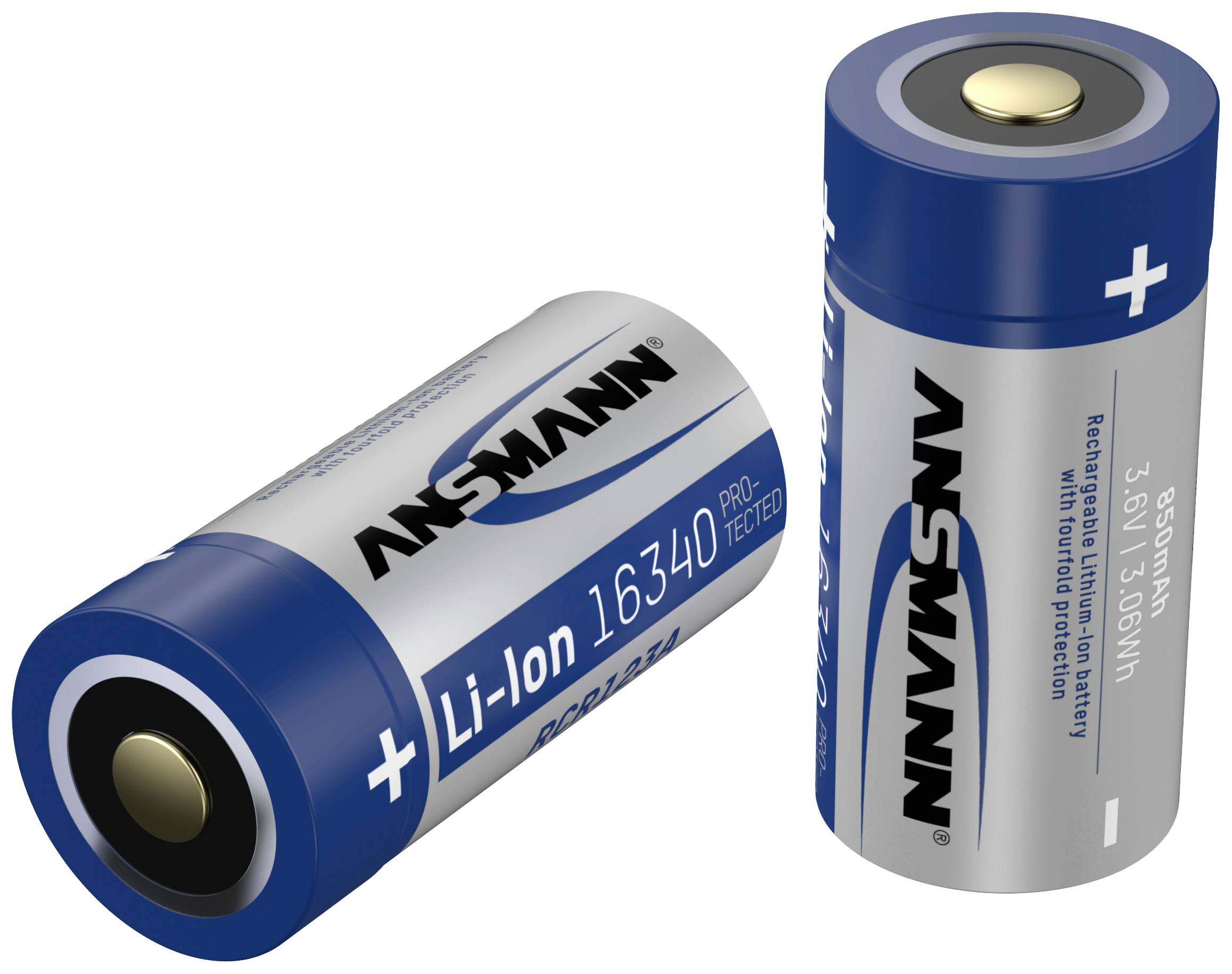 'Two blue cylindrical Li-Ion batteries with the imprint 