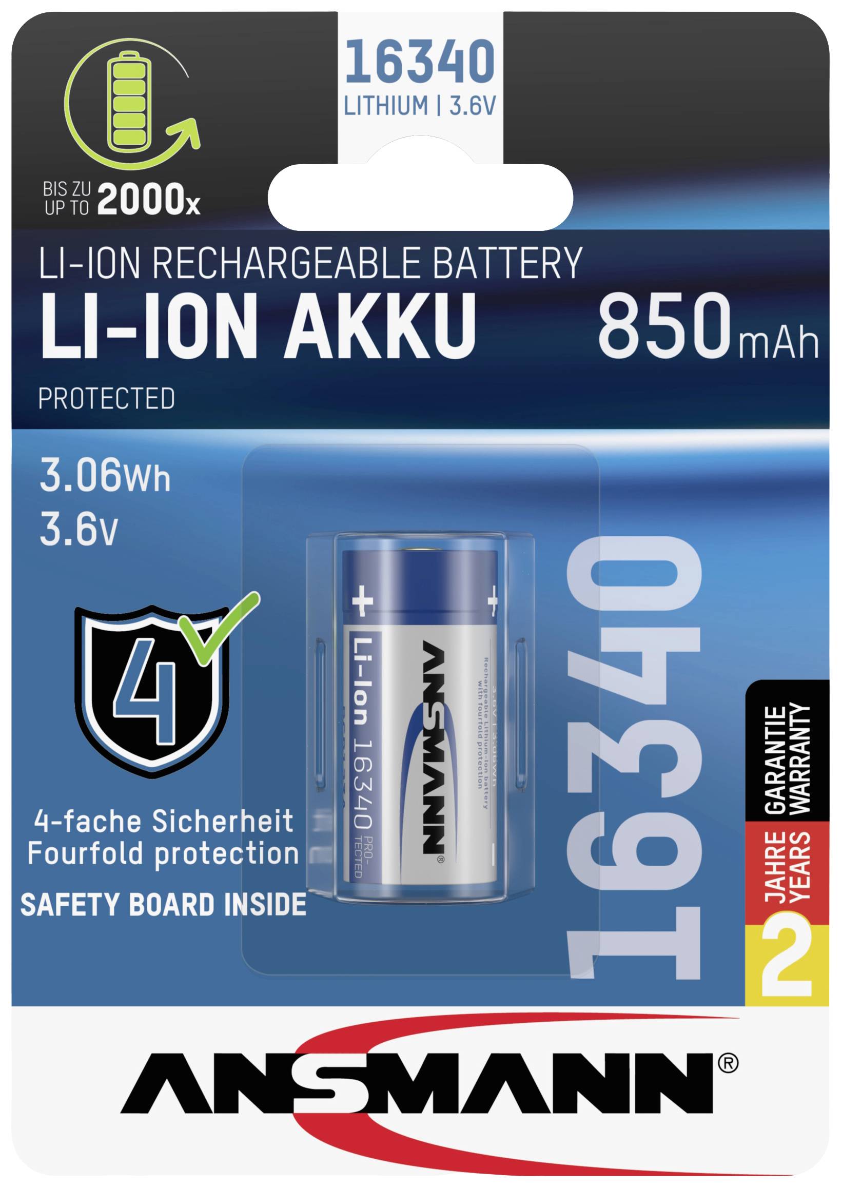 Packaging for a rechargeable Li-Ion battery with 850 mAh and 3.6V by Ansmann. Emphasises '4-fold safety' and 2-year warranty.