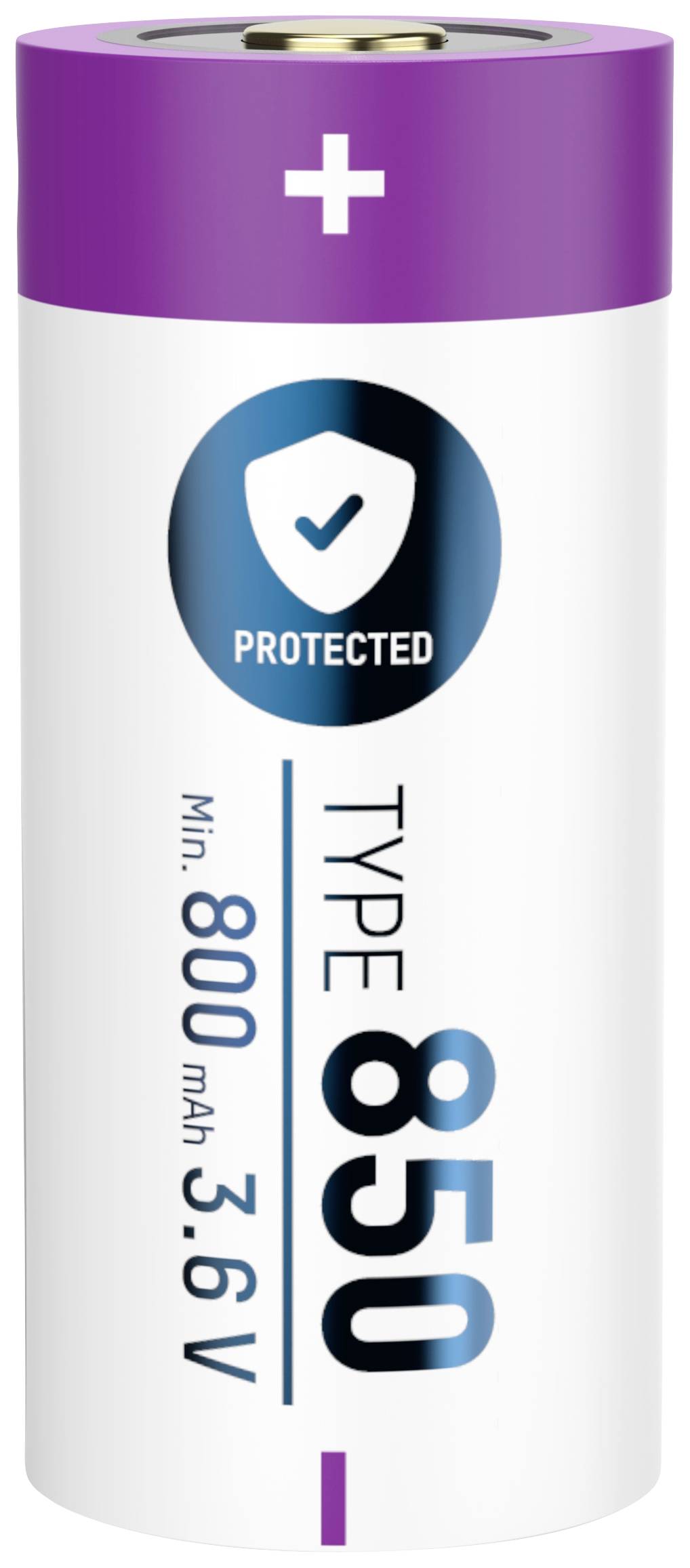 Lilac-white battery with plus sign at the top, text: 'Protected', 'Type 850', 'Min. 800 mAh, 3.6V'. Battery and protection indicator.Note: The translation maintains the original description with British English spelling and terminology.