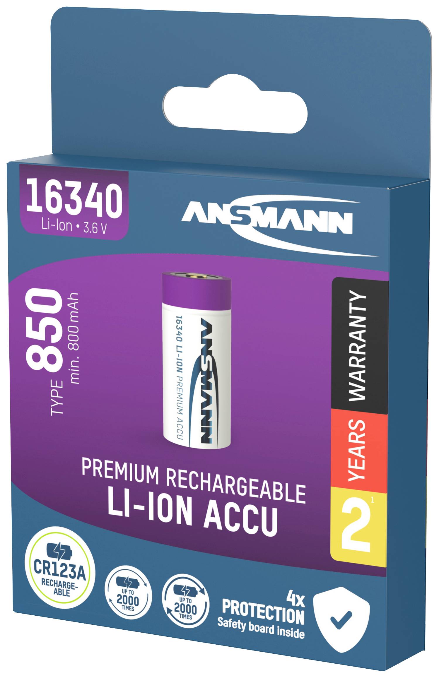 A rechargeable Li-Ion battery by Ansmann, type 16340, with 850 mAh capacity, including two years' warranty.