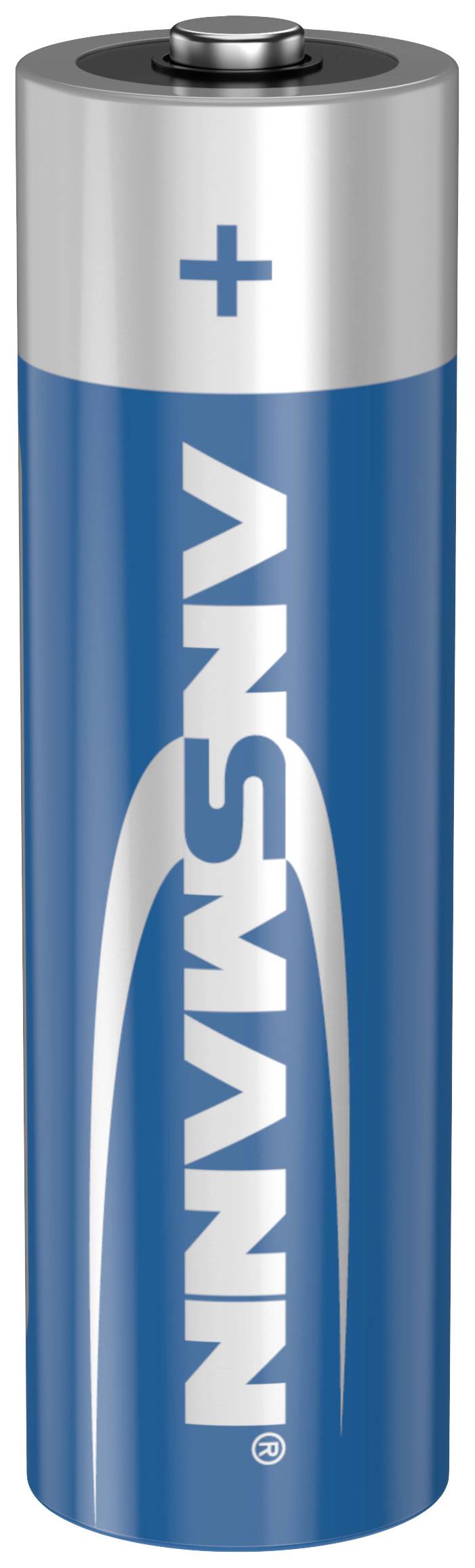 A blue-silver Ansmann battery in cylindrical form with a plus sign on top, indicating polarity.
