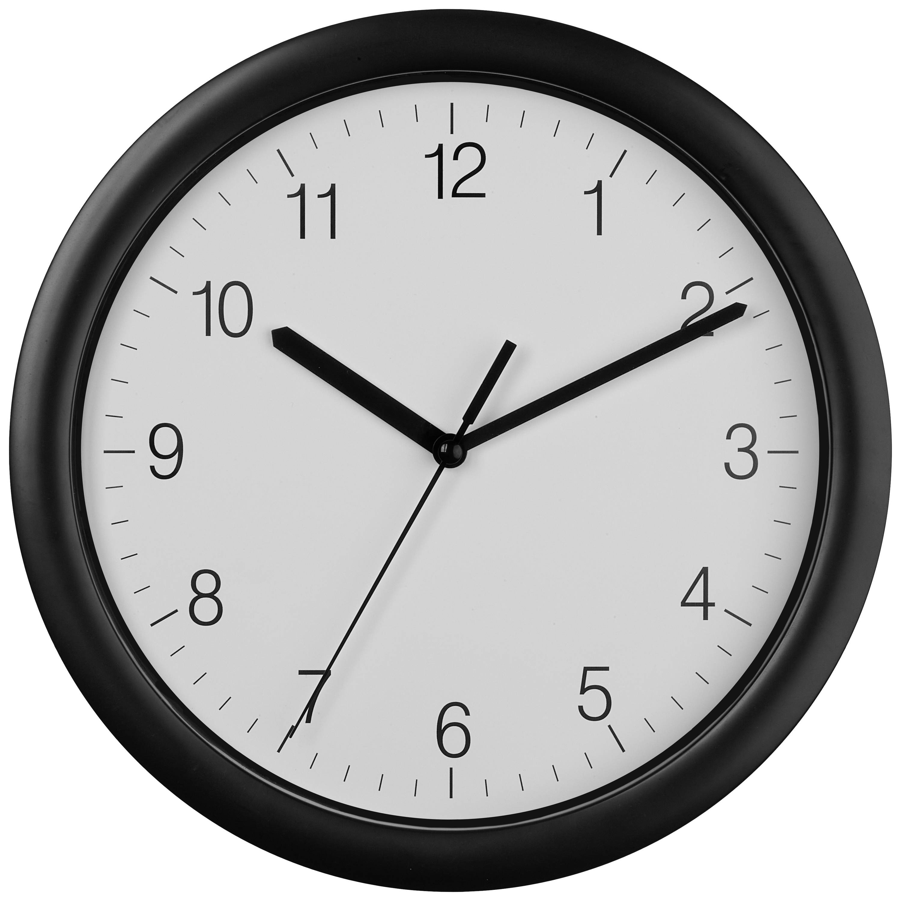 A round wall clock shows 1:50. It has a white dial and black hands.