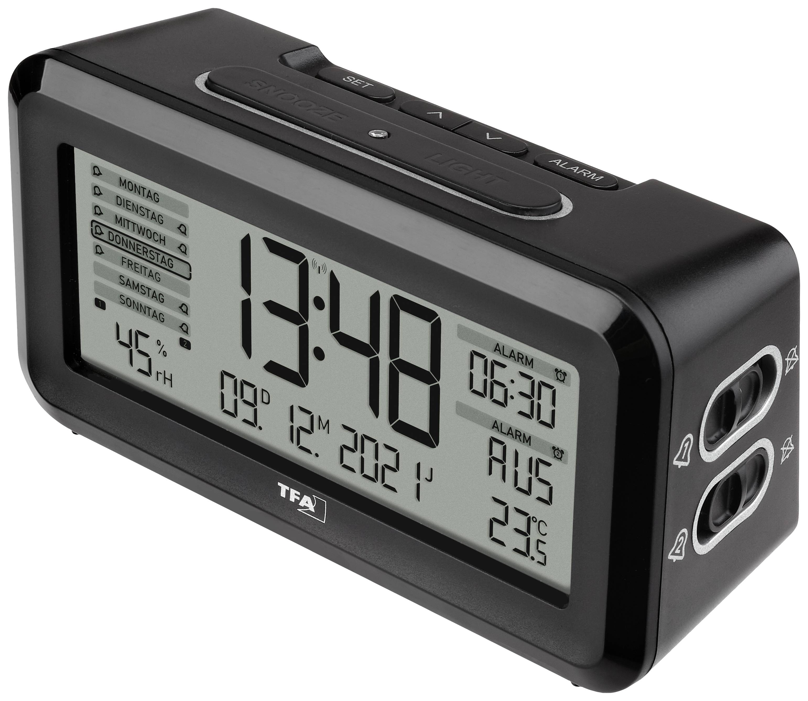 Digital alarm clock shows '13:48', date '09.12.2021', alarm time '06:30'. Temperature '23°C', humidity '45%'.