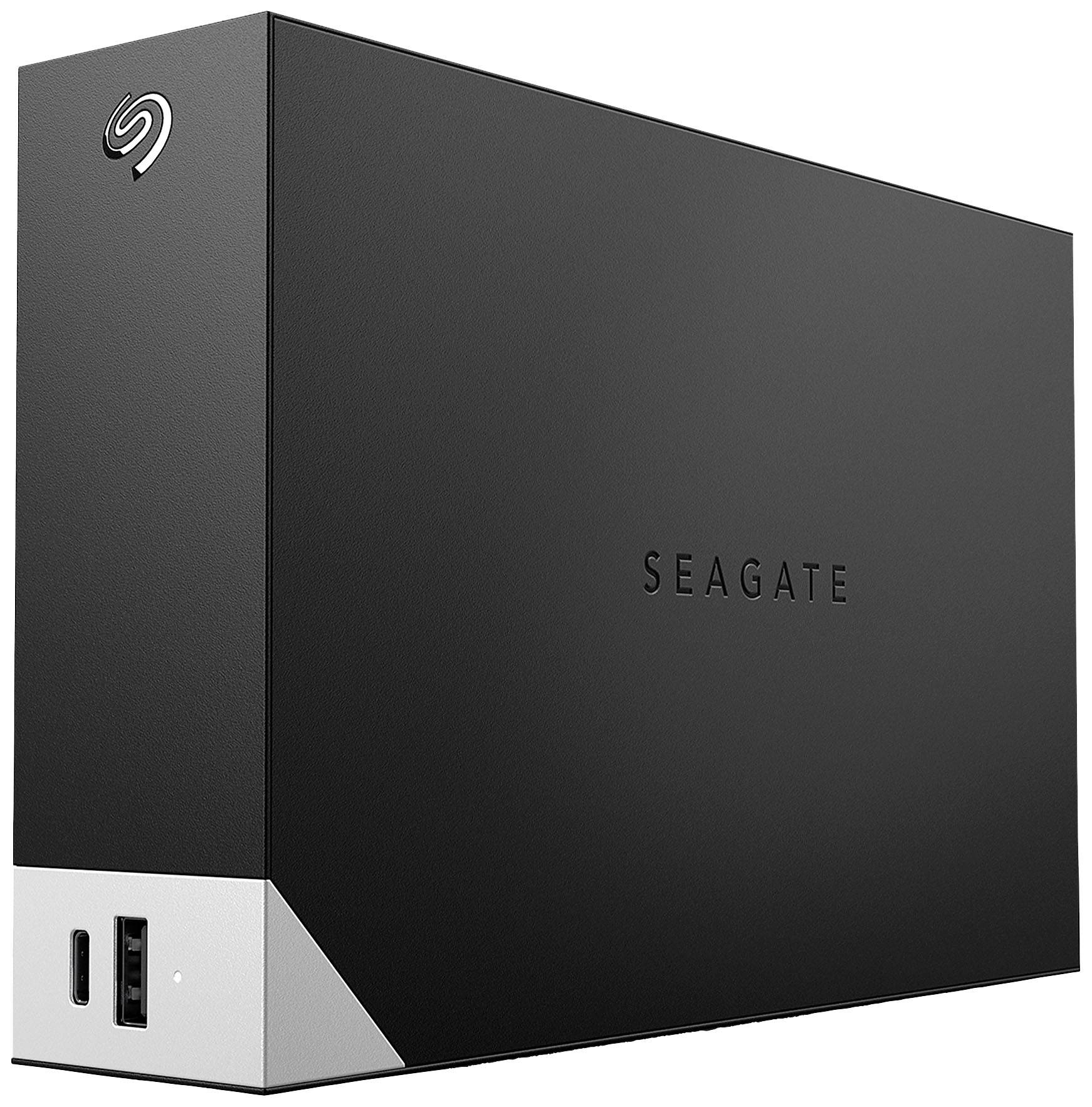 An external Seagate hard drive in black with a USB port on the front, suitable for data backup and storage expansion.