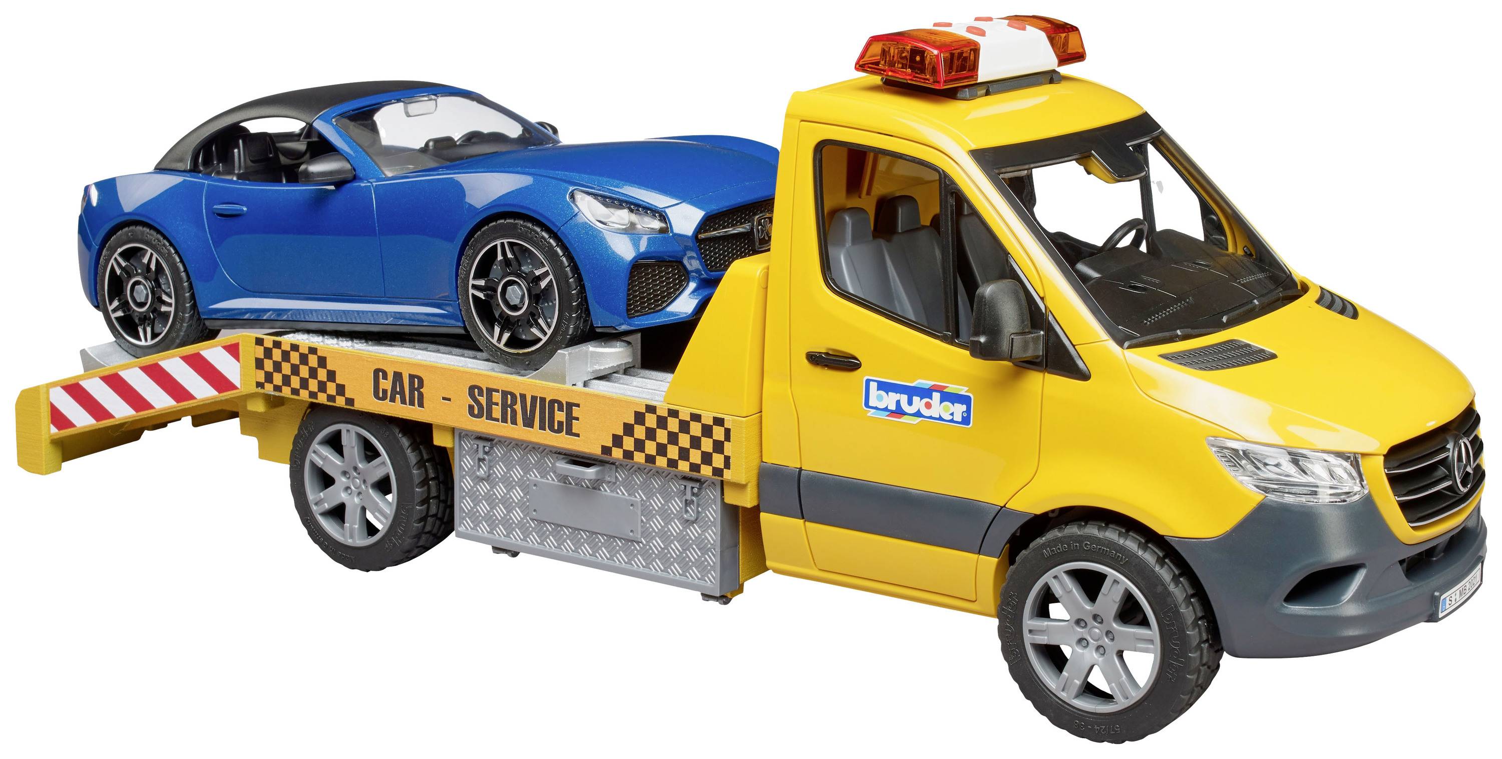 A yellow recovery vehicle with a 'Car Service' decal is transporting a blue sports coupé.