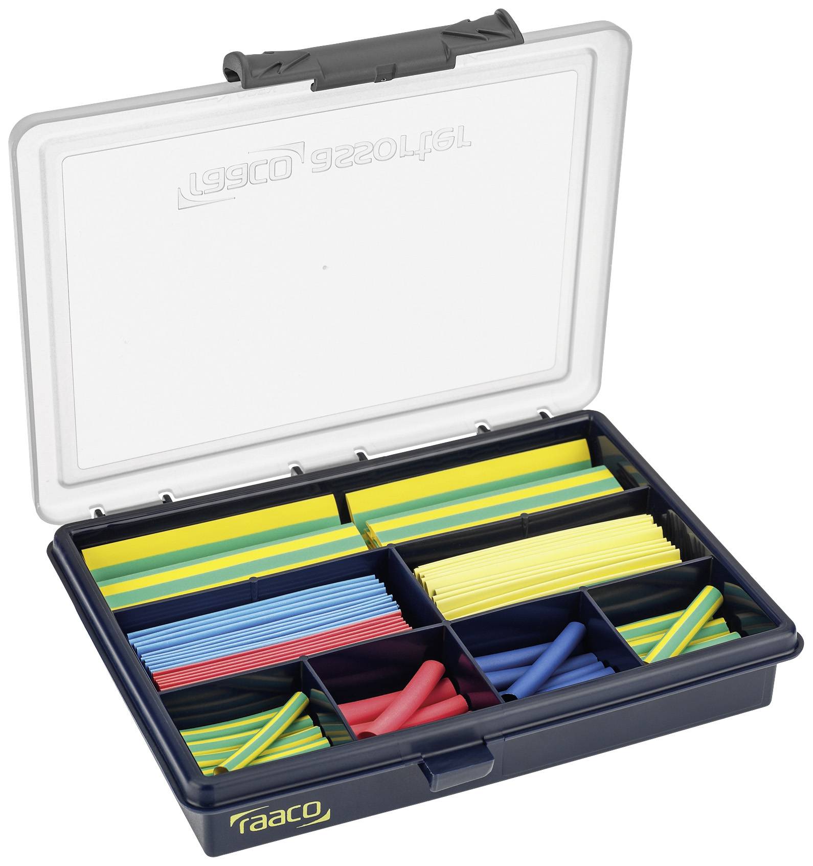 Open plastic storage box with multiple compartments, filled with coloured cable ties in blue, red, yellow and green.