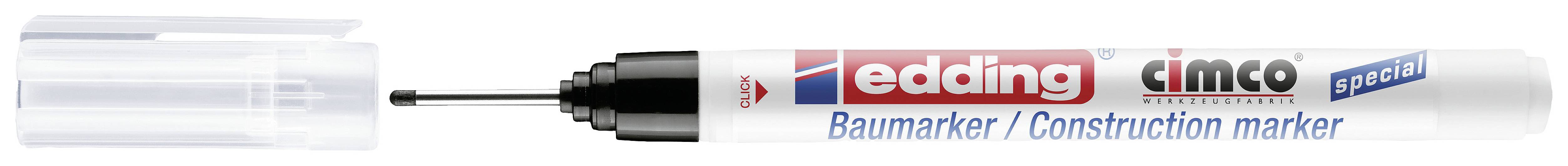 A white Edding construction and design marker with a fine black tip and a removed transparent cap, lying horizontally.