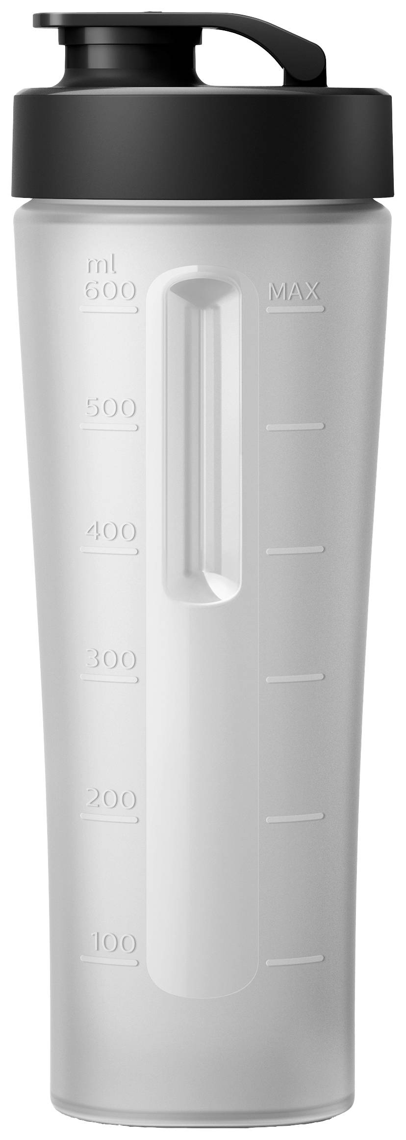 Transparent plastic bottle with black lid, measuring scale up to 600 ml. Grip section.