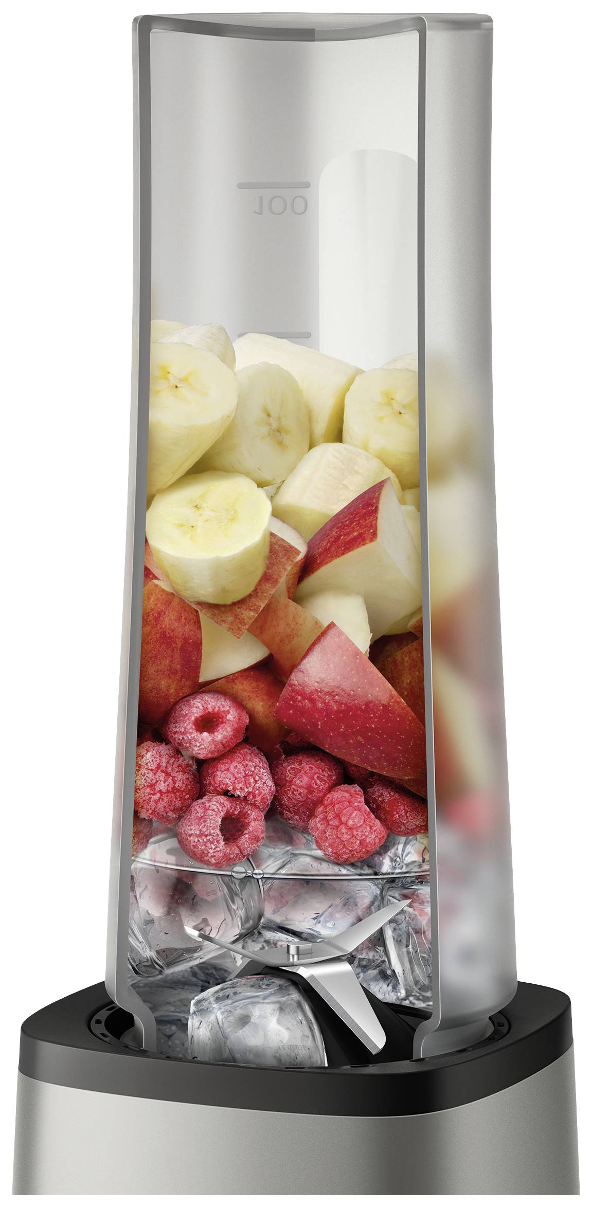 Blender with frozen raspberries, apples, bananas, and ice cubes.