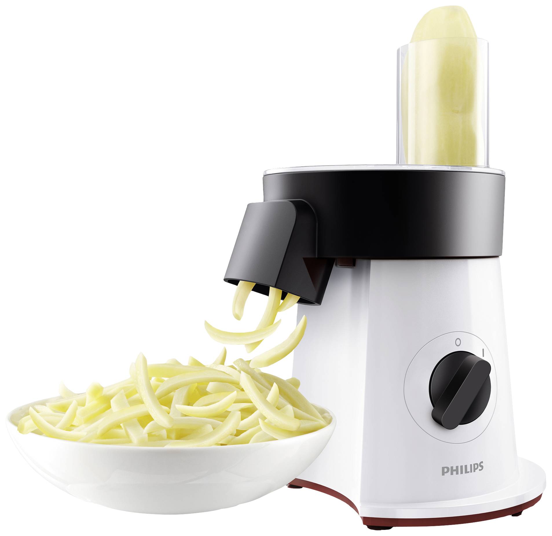 A Philips food processor turns an apple into spiral-shaped strips that fall into a white bowl.