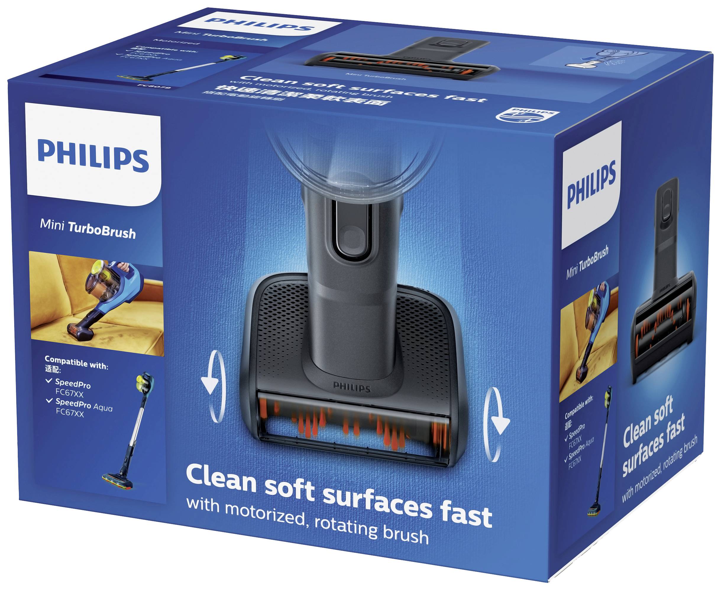 A blue packaging for a Philips Mini TurboBrush, displaying the product with a motorised, rotating brush head for rapid cleaning of soft surfaces. Compatible with multiple vacuum cleaner models.
