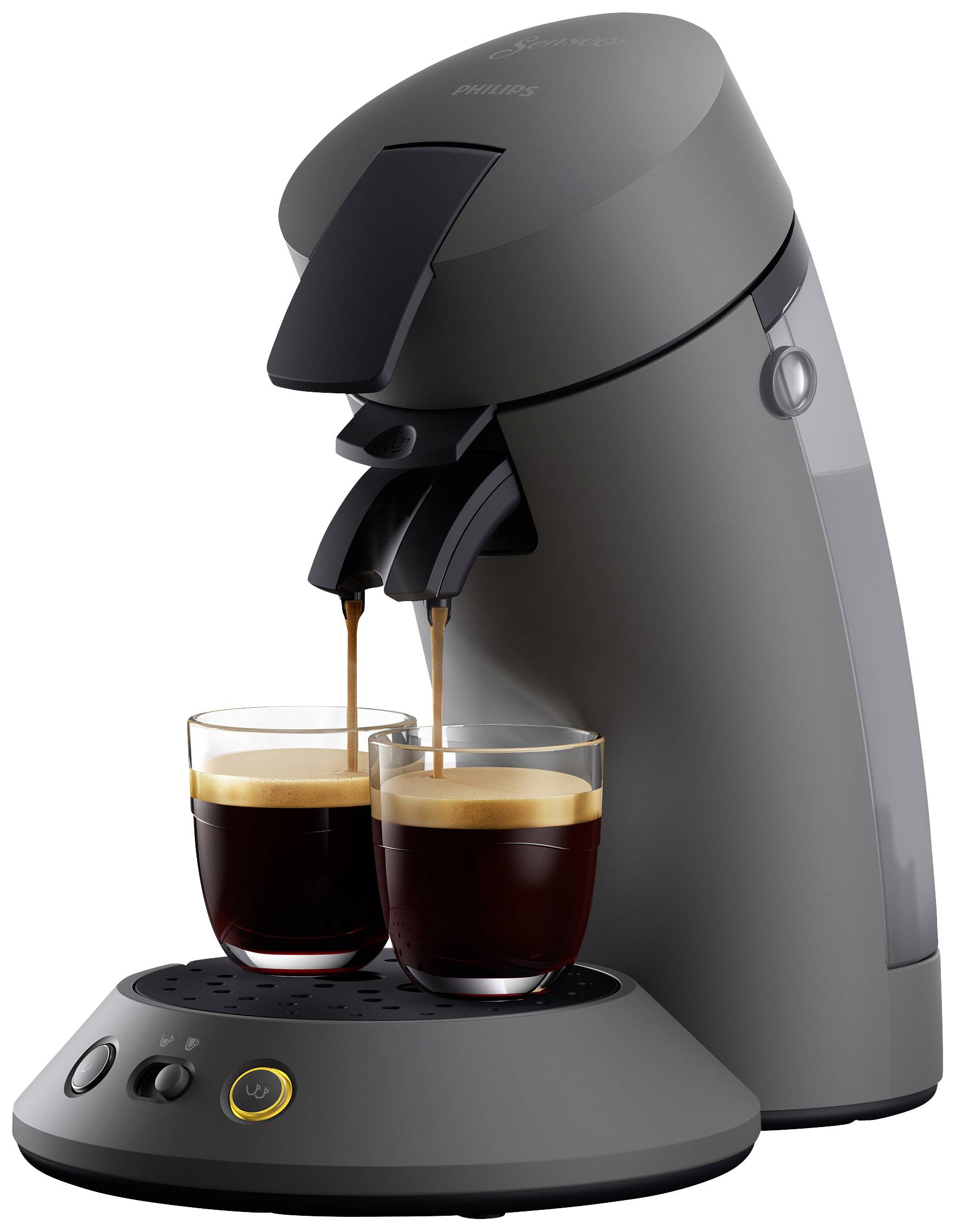 Grey coffee machine with two cups, into which espresso is flowing. The machine has a compact, modern style and a round base.