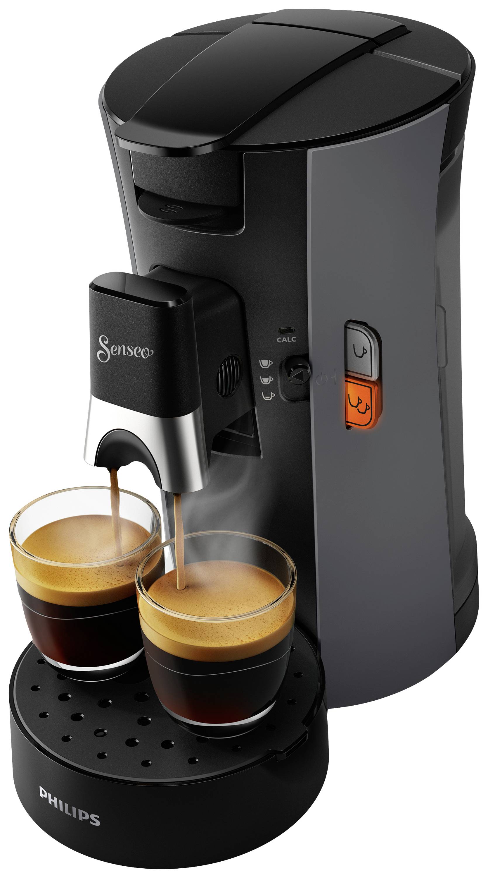 A Senseo coffee machine brews two espresso cups simultaneously.