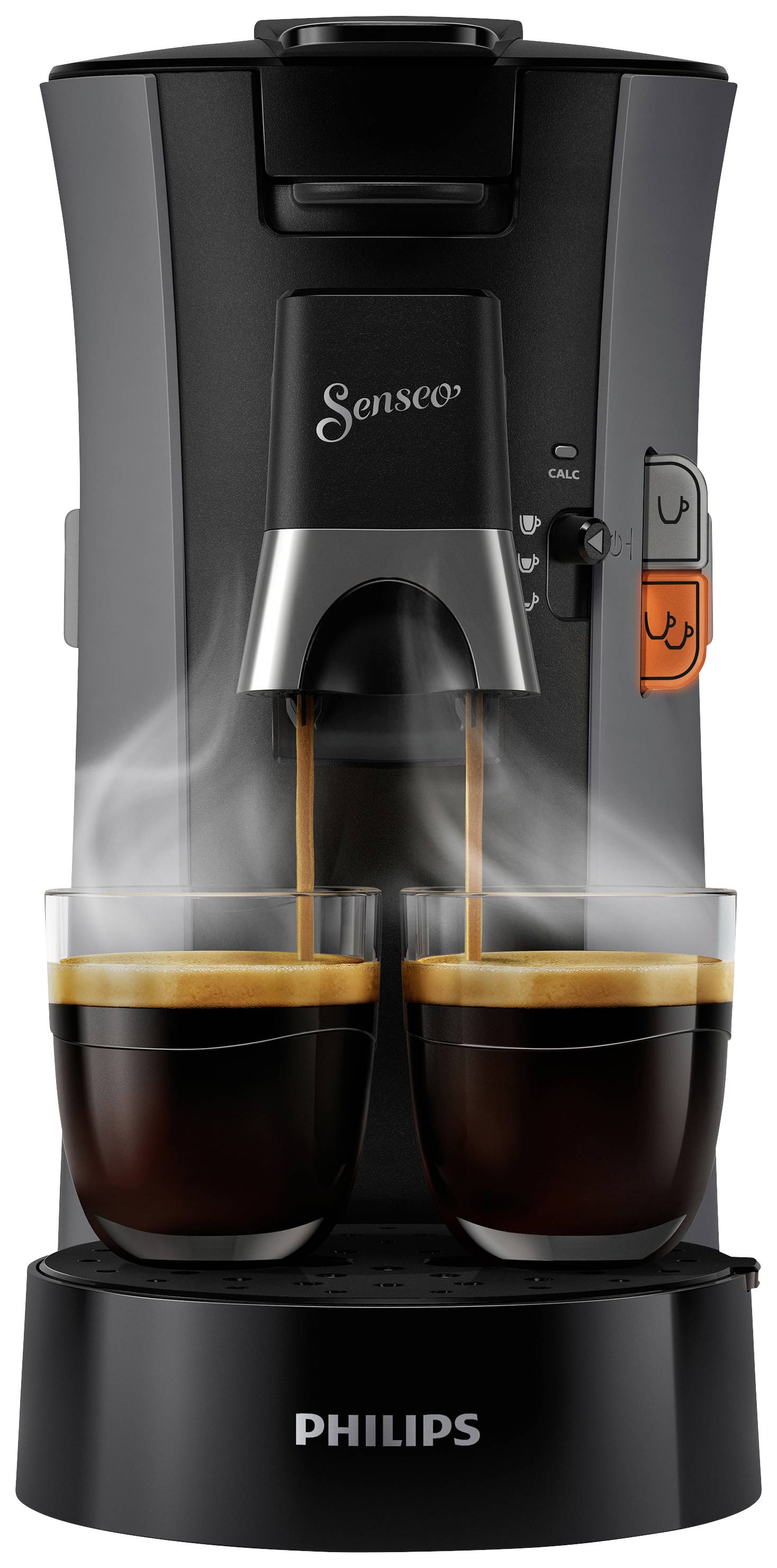 Coffee machine with two steaming coffee glasses, black design, Senseo brand by Philips.