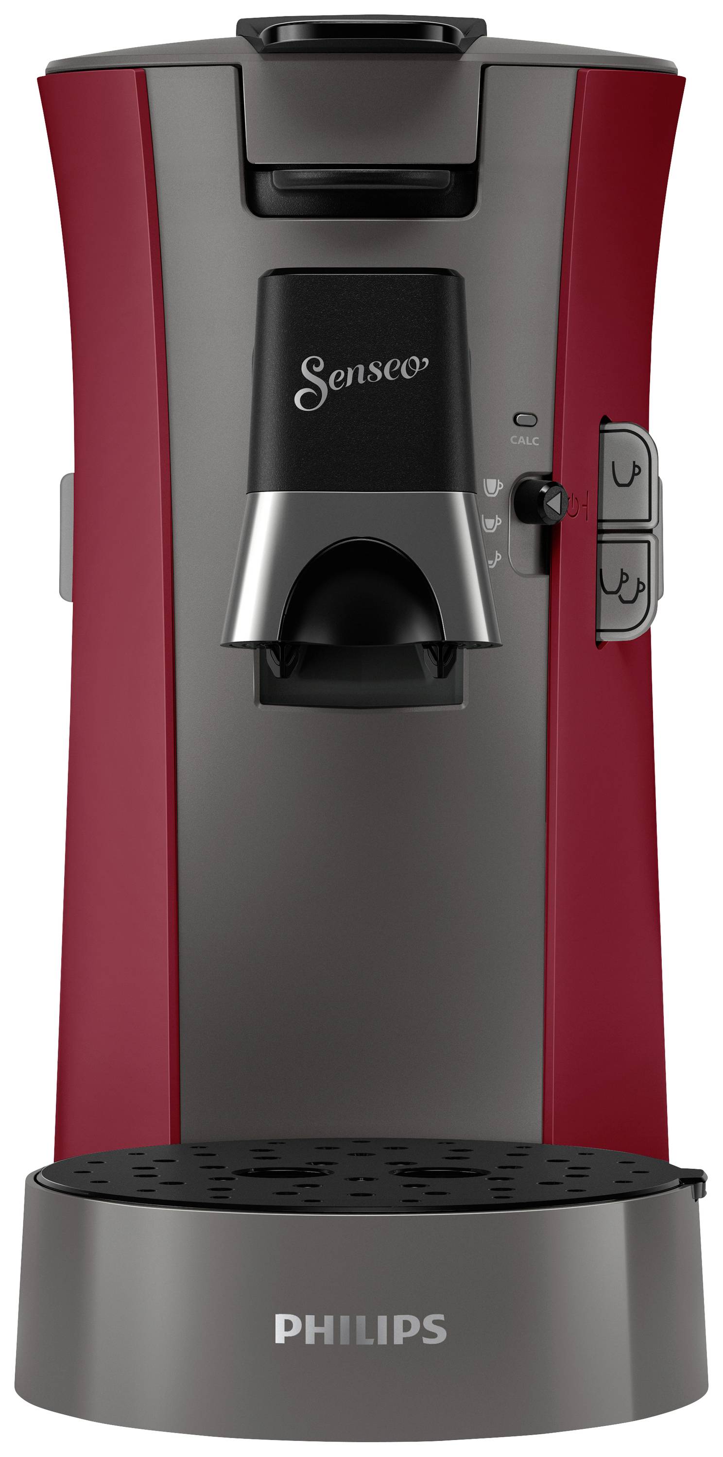 Coffee machine in red and black, with control buttons and a pouring spout. 'Philips' brand visible on the base.